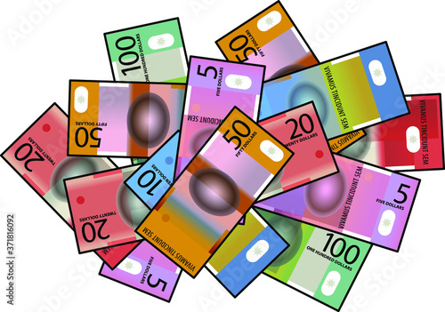 A large pile of stylized Australian bank note / paper / polymer money. Top-down flat view.