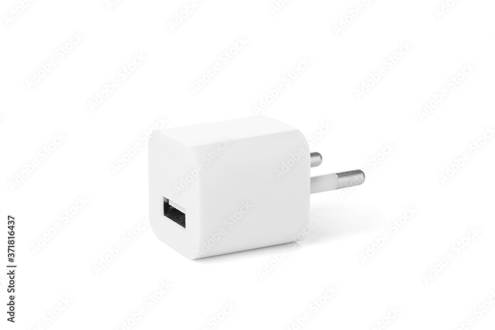 USB power adapter for battery charging isolated on white USB power adapter for battery charging isolated on white