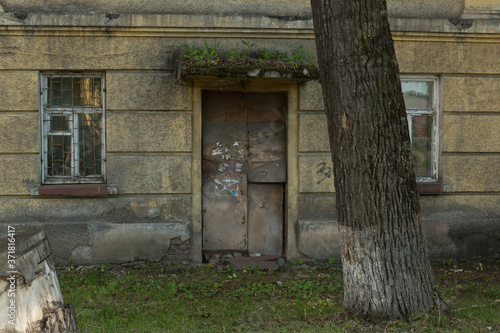 destroyed old Soviet apartment buildings in the city