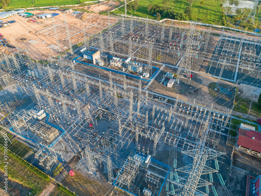 An electrical substation for heavy current with resistors.
Transformer substation from above view.