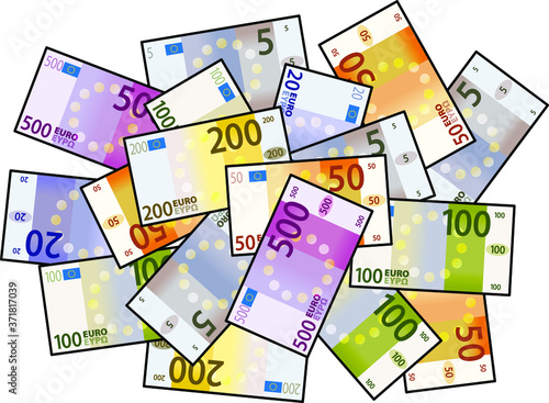 A large pile of stylized iconic colourful Euro bank notes / paper money. Top-down flat view.