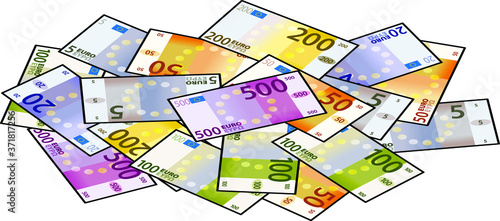 A large pile of stylized iconic colourful Euro bank notes / paper money. Isometric view.