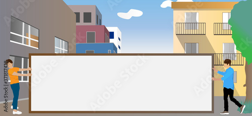 晴れた日、看板を運ぶ男たち　vector illustration, web banner, header, footer