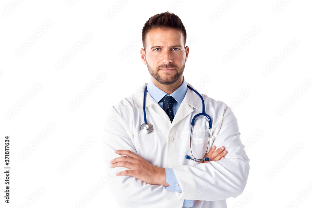 Male doctor standing with arms crossed at isolated white background Male doctor standing with arms crossed at isolated white background