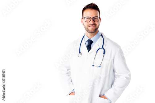 Smiling male doctor portrait at isolated background