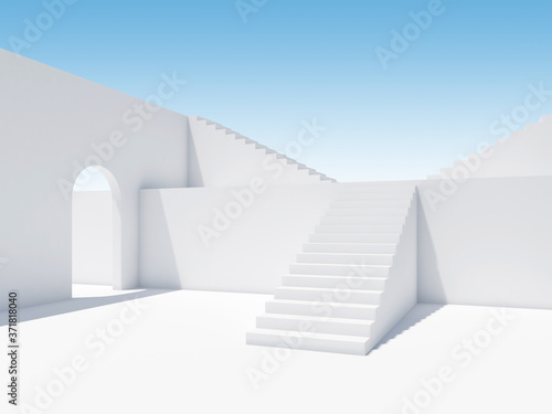 Abstract white interior with stairs and empty arch