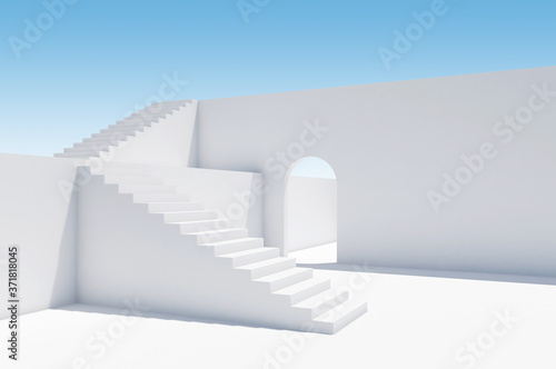 Abstract white architectural background with stairs, 3d