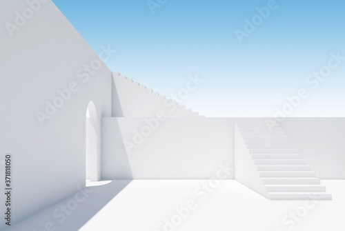 Abstract white interior with stairs and arch, 3d