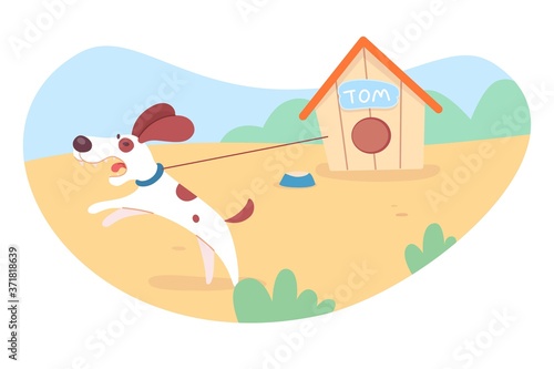 Angry dangerous dog barks loudly. Pet chained by doghouse in yard