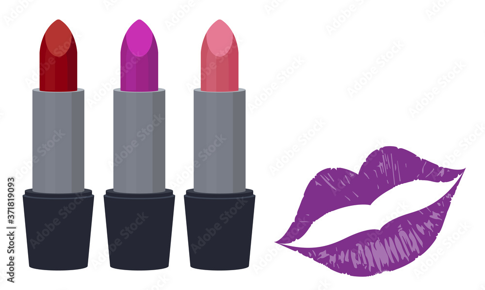 Obraz premium Lipstick set with kisses vector illustration beauty concept, makeup 