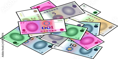 A large pile of stylized iconic Chinese renminbi RMB bank notes / paper money. Isometric view.