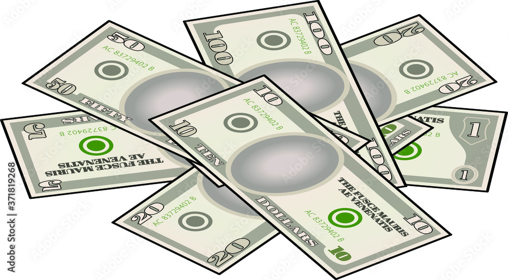 A pile of stylized iconic US bank notes / paper money. Isoometric view. A pile of stylized iconic US bank notes / paper money. Isoometric view.