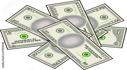 A pile of stylized iconic US bank notes / paper money. Isoometric view.