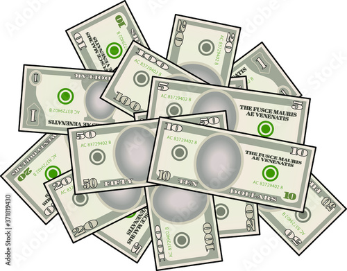 A large pile of stylized iconic US bank notes / paper money. Top-down flat view.
