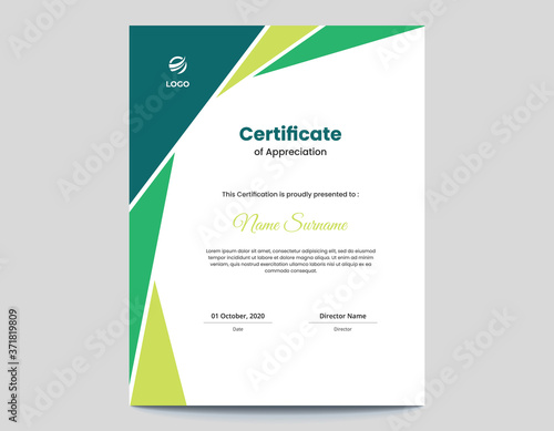 Vertical colored green geometric shapes certificate design template