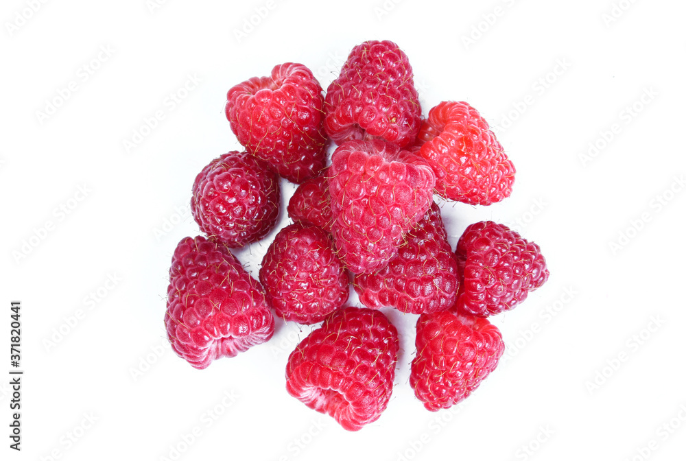 Portion of red juicy raspberries isolated on white background. Organic summer fruit Portion of red juicy raspberries isolated on white background. Organic summer fruit