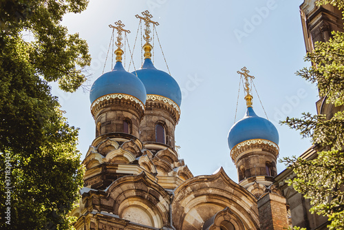 Orthodox Church. Blue domes of the Orthodox Church with golden crosses
