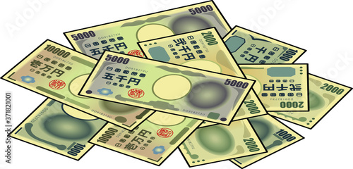 A large pile of stylized iconic Japanese Yen bank notes / paper  money. Isometric view.
