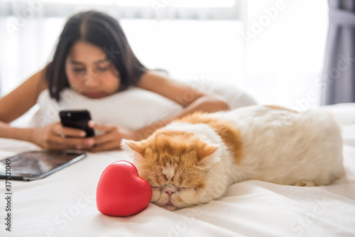 Yellow cat on bed near heart. Lovely concept.