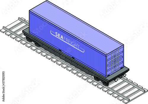 A rail freight car with a large blue shipping container.