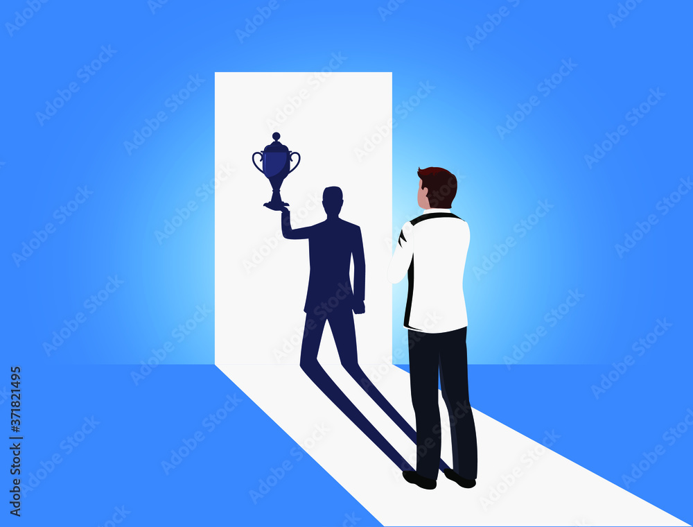 Obraz premium Businessman watching his shadow and thinking about victory in business. Concept to grow and archive the success for office employees.