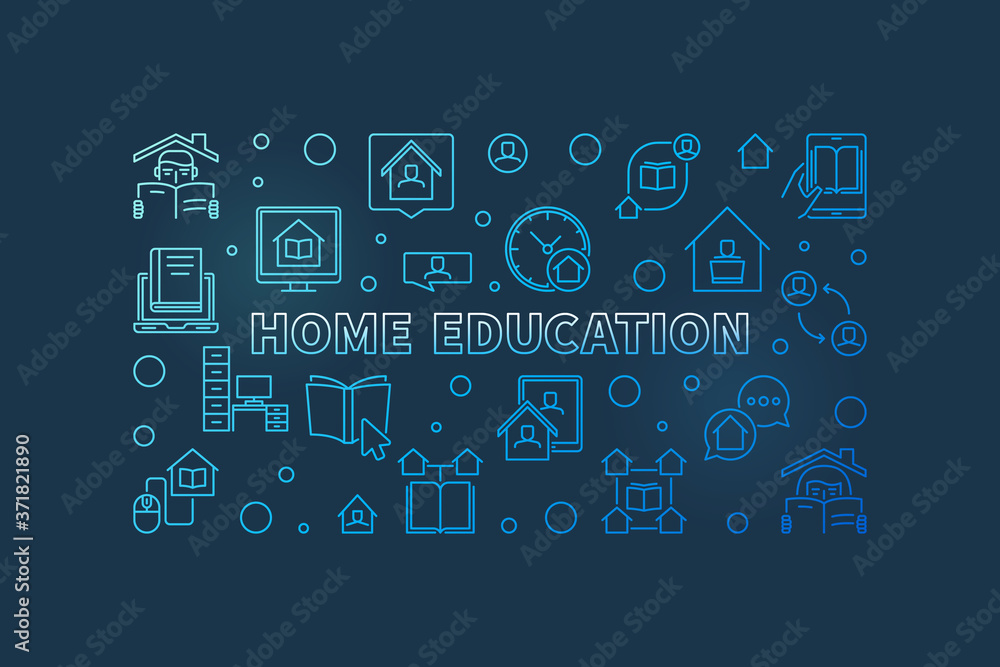 Home Education vector concept blue linear horizontal banner or illustration on dark background Home Education vector concept blue linear horizontal banner or illustration on dark background