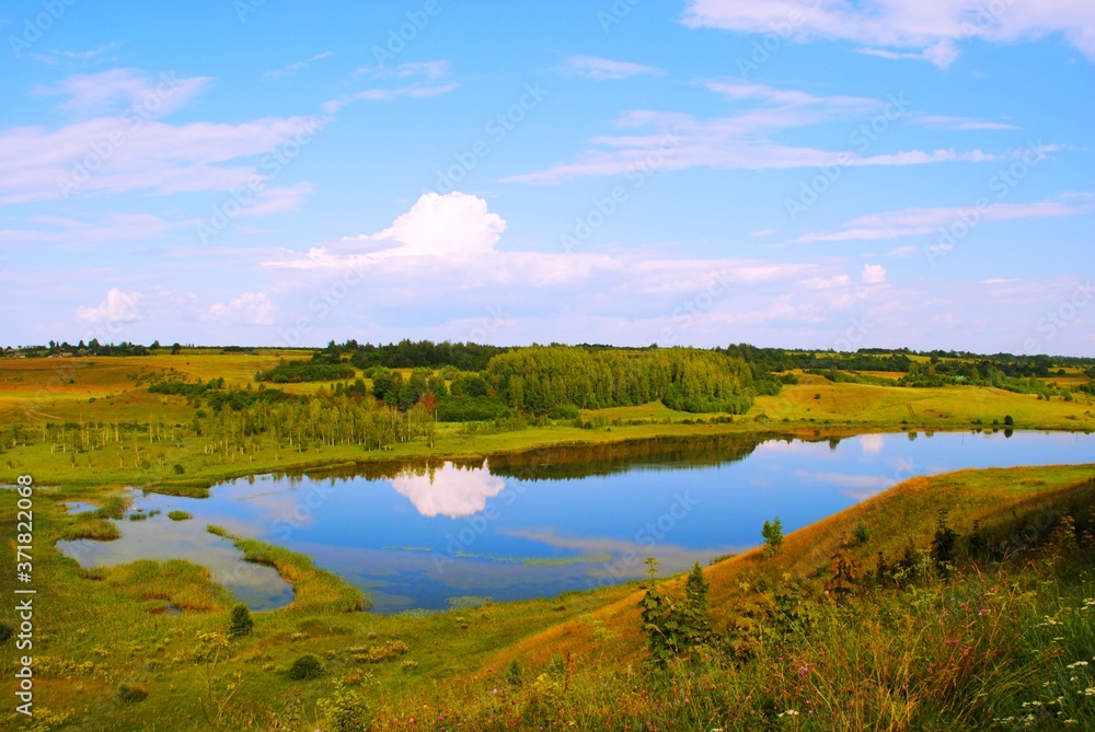 Summer landscape with mirrored lake and sky Summer landscape with mirrored lake and sky