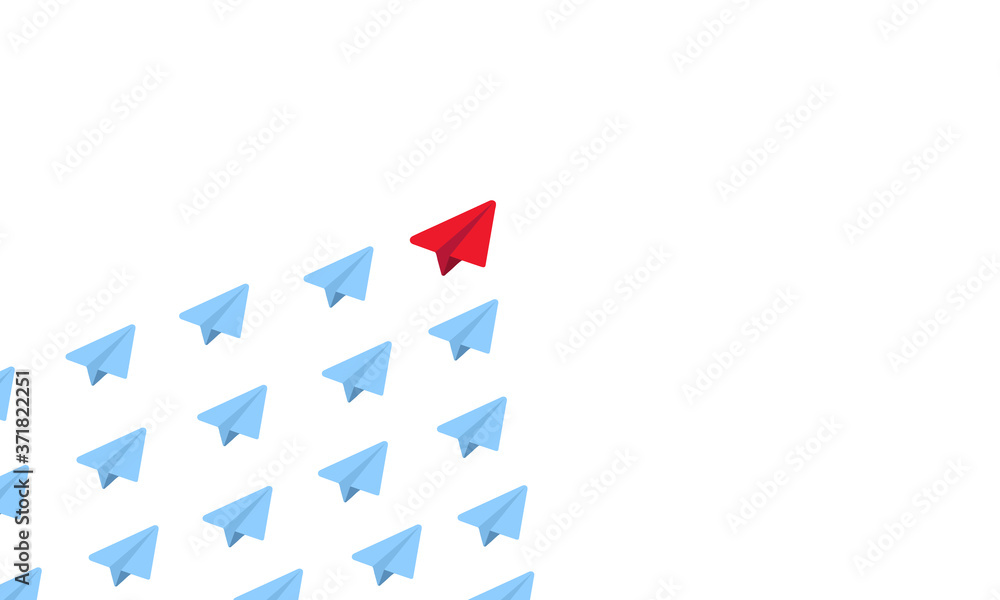 Fototapeta premium Red paper plane as a leader among blue airplanes. Teamwork concept. New idea, creative thinking. Vector on isolated white background. EPS 10