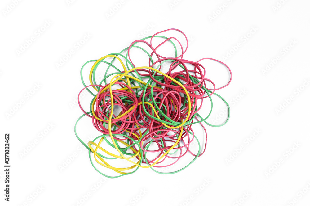 Bunch of colorful rubber bands isolated on white background. 