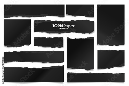 Ripped black paper strips. Realistic crumpled paper scraps with torn edges. Shreds of notebook pages. Vector illustration