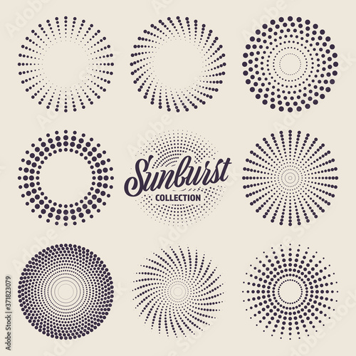 Vintage sunburst collection. Bursting sun rays and dots. Fireworks. Logotype or lettering design element. Radial sunset beams. Vector illustration.