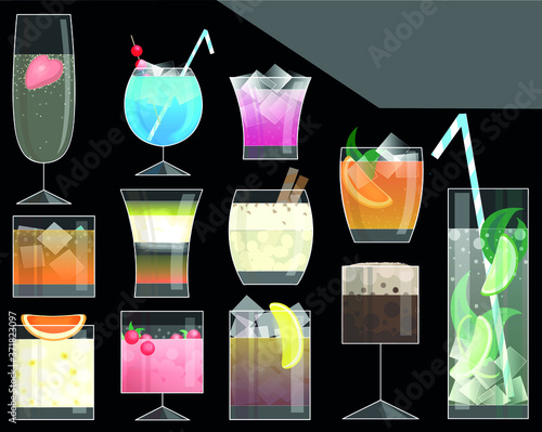 Obraz na plátně Twelve alcohol coctails vector illustration