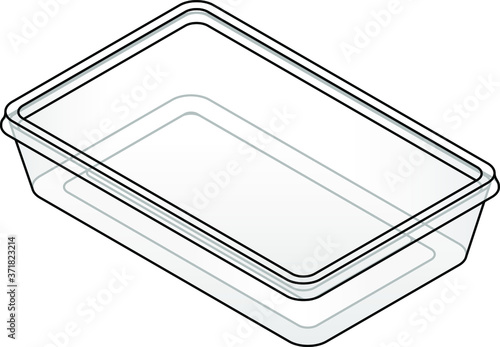A shallow rectangular clear plastic takeaway food container.