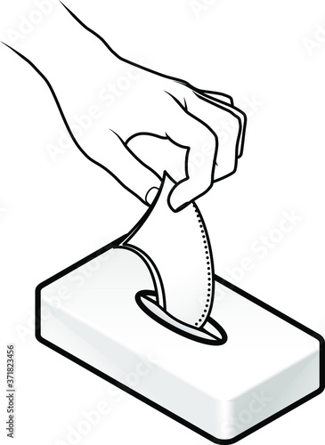 Hand pulling a tissue from a thin / shallow rectangular white tissue box.