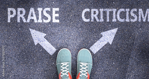 Praise and criticism as different choices in life - pictured as words Praise, criticism on a road to symbolize making decision and picking either Praise or criticism as an option, 3d illustration