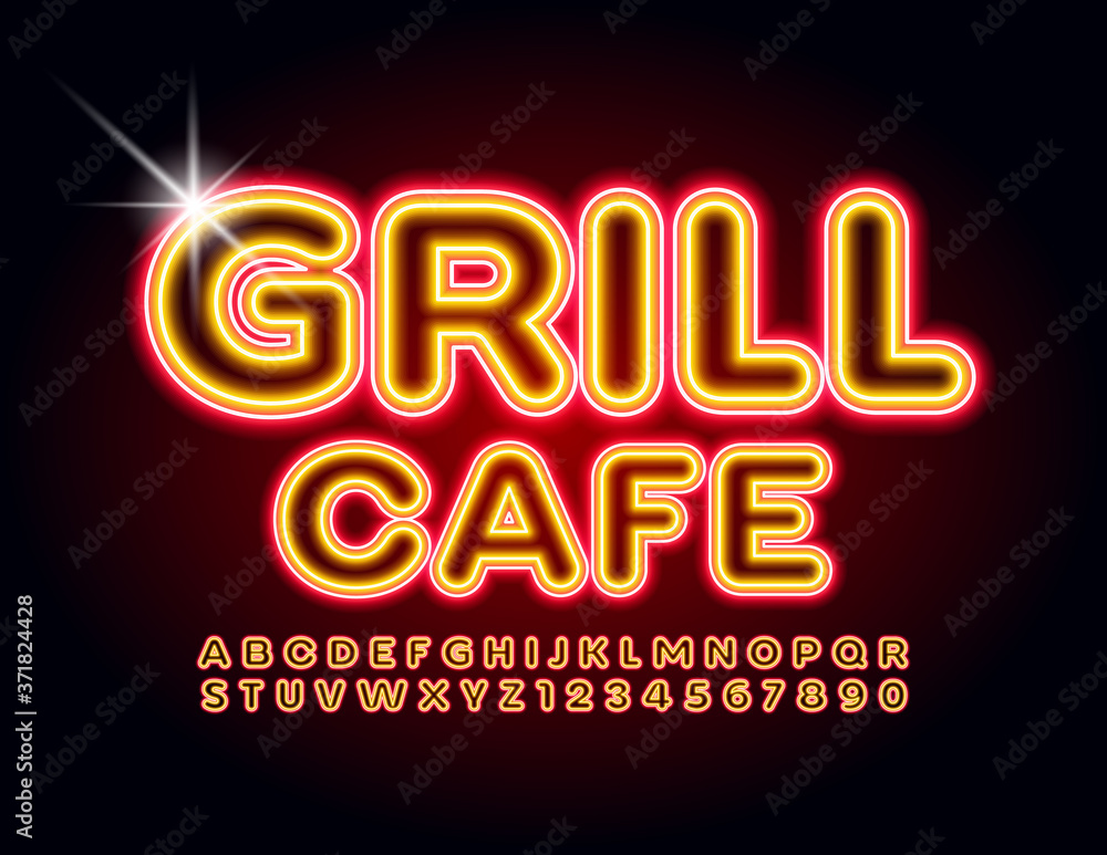 Vector neon emblem Grill Cafe. Electric illuminated Font. Neon bright Alphabet Letters and Numbers
