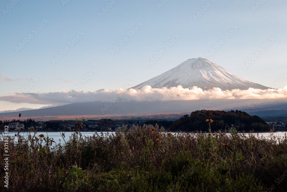 Cloud around mount Fuji with evening sun light during winter season of Japan