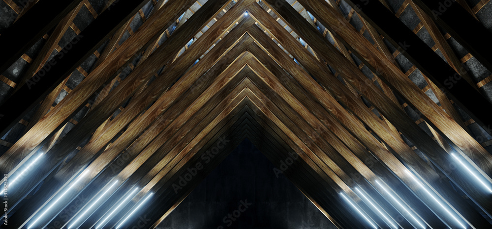 Modern Architecture Realistic Dark Laser led Neon Line Glowing Blue Lights Wood Stone Structure Roof Columns Triangle Background Tunnel Corridor Cement Concrete 3D Rendering Modern Architecture Realistic Dark Laser led Neon Line Glowing Blue Lights Wood Stone Structure Roof Columns Triangle Background Tunnel Corridor Cement Concrete 3D Rendering