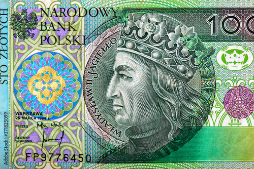 Grand Duke of Lithuania, Jogaila, and later, King of Poland Wladyslaw (Ladislaus) II Jagiello (ca. 1362 - 1 June 1434). Eagle, emblem of Poland, Poland 100 Zlotych 1994  Banknotes. photo