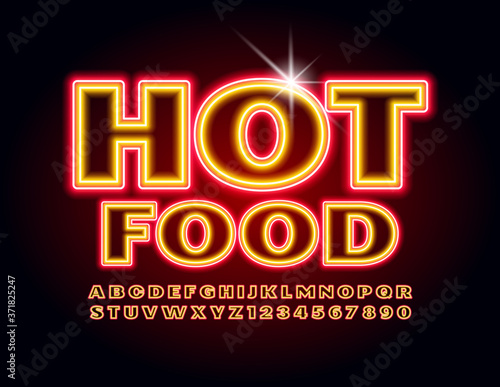 Vector logo Hot Food for Cafe, Menu, Restaurant. Bright Neon Font. Electric Alphabet Letters and Numbers