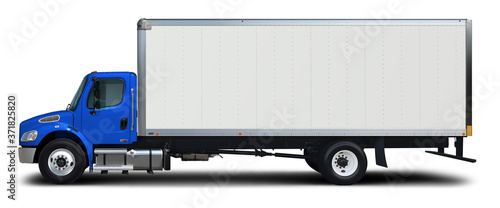Delivery truck side view with blue cab isolated on white background.