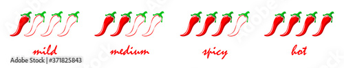 Spicy chili pepper level labels. Vector spicy food mild and extra hot sauce, chili pepper red outline icons for your design. EPS10.