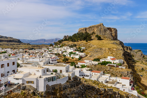 Sightseeing of Greece. Lindos village and Lindos castle, Rhodes island, Dodecanese, Greece © r_andrei