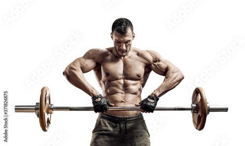 man bodybuilder, execute exercise with weight © tankist276