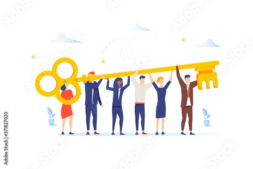 Vector illustration of the concept of teamwork. Businessman and entrepreneur go to the door with a key