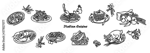 Italian cuisine line icon set. Italian Food. Can be used for topics like healthy diet, dinner, restaurant menu, cooking. Hand Made Design Vector. Outline style