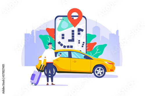 Online ordering taxi car, rent and sharing using service mobile application. Man near smartphone screen with route.