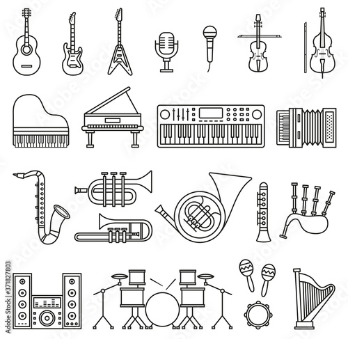 Musicial instruments icons. Vector outline illustrations set