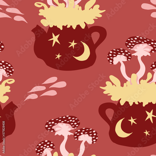 Autumnal vector seamless pattern with magic mushrooms in kettles and water drops in cozy warm colors