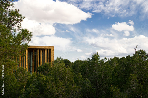 Bioclimatic building hidden among trees of Yecla